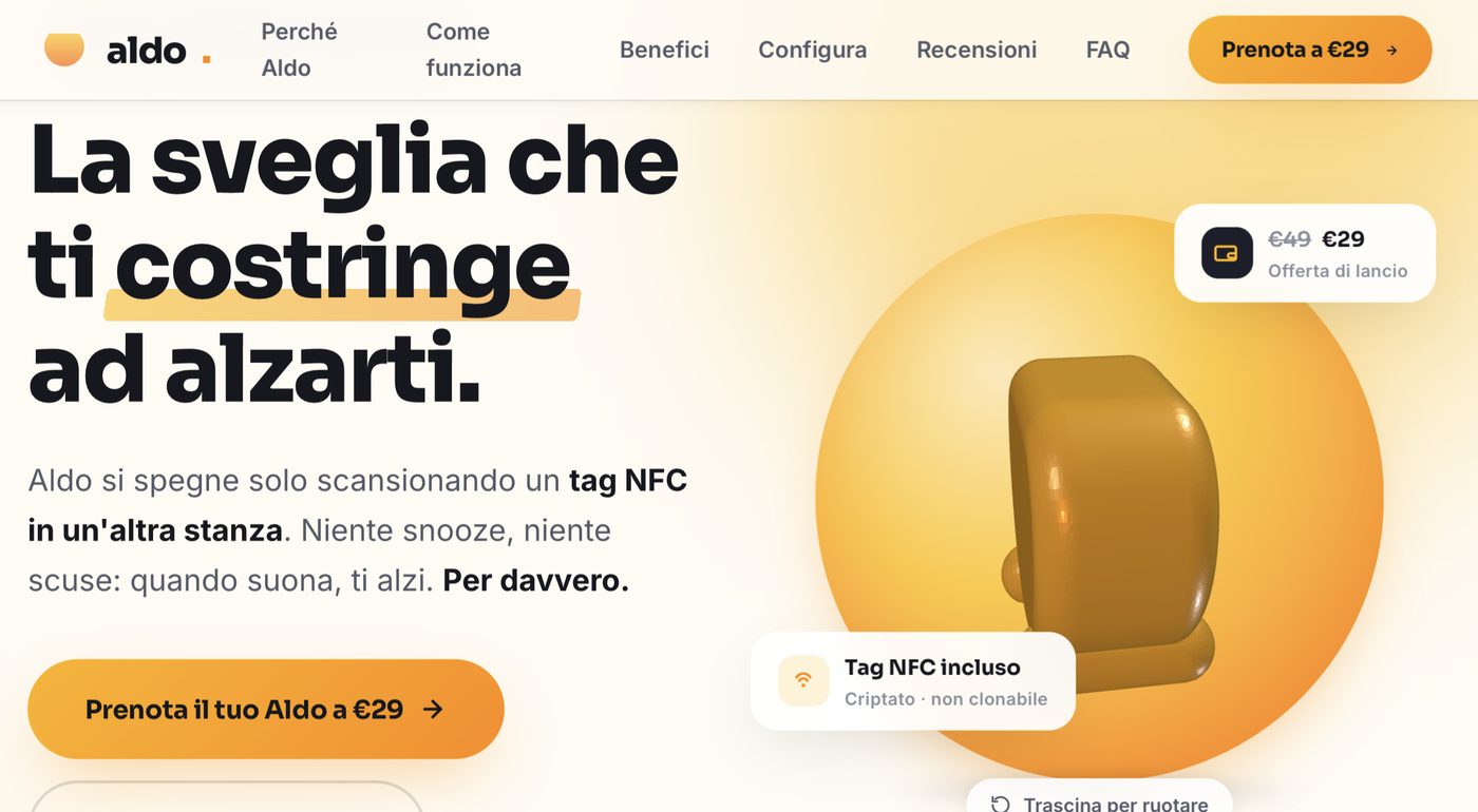 Home page di Aldo: titolo 'La sveglia che ti costringe ad alzarti', immagine del prodotto e pulsante di prenotazione a 29 euro.